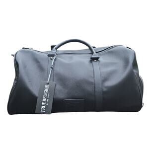 True Religion Embry Blk Faux Leather Duffel Gym Weekender Travel Bag Shoe Pocket